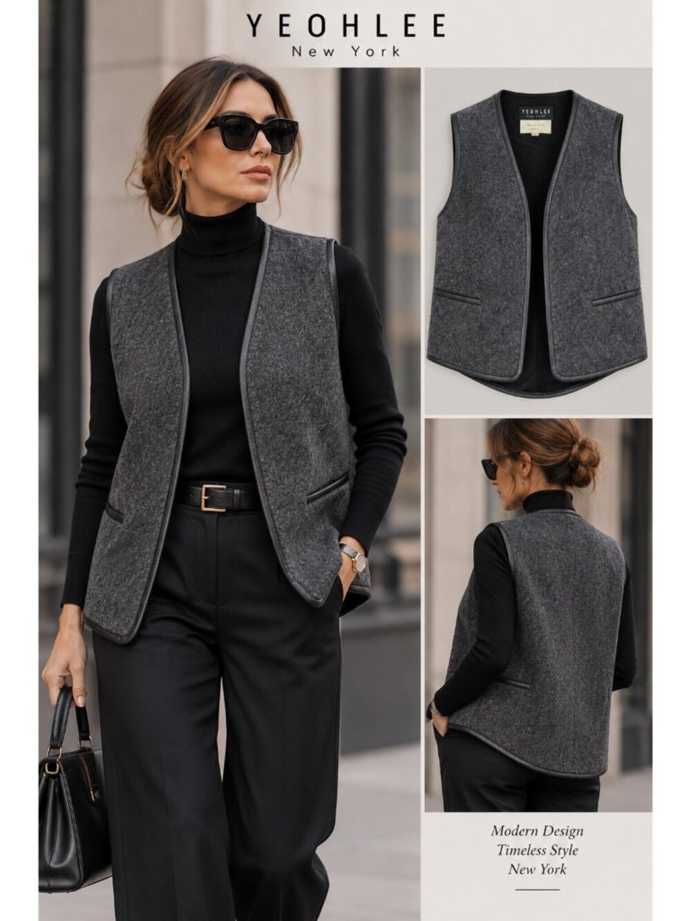 YEOHLEE New York Gray Wool Genuine Leather Trim Avant Garde Vest USA